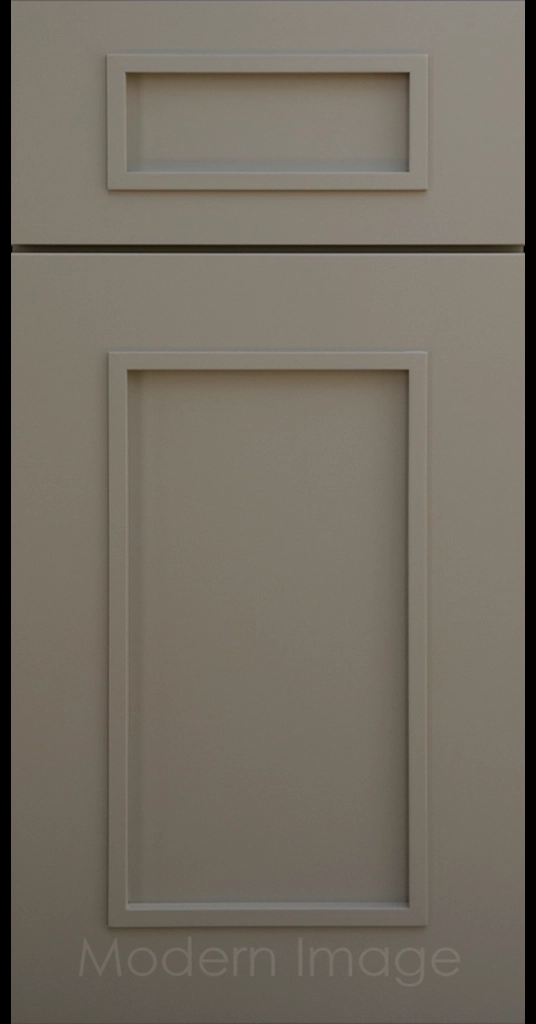 Gilbert cabinet a recessed flat panel and elevated molding in Wind matte finish.